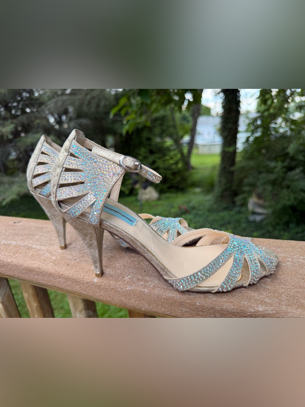 Blue by Betsey Johnson Gold Rhinestone Strappy Heels 7.5